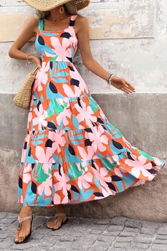 PRETTYGARDEN Women's Summer Floral Maxi Dress Sleeveless Smocked Ruffle Long Flowy Beach Vacation Boho Sundresses (Floral Orange Pink,Large) - Thumbnail 4