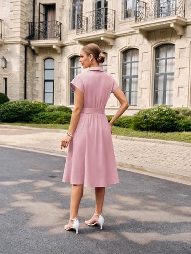 GRACE KARIN Womens Short Sleeve Shirt Dresses 2026 Summer Midi Button Down Dress Work Business Casual Dress with Pockets Pink 2XL - Thumbnail 2