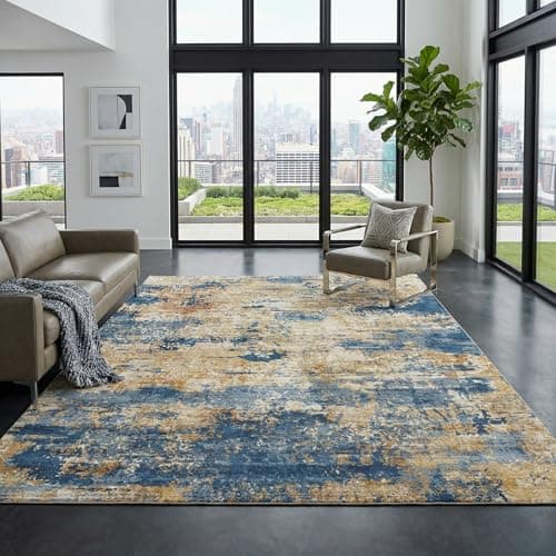 Cnythlis 5'x7' Abstract Distressed Area Rug, Washabele Rugs Modern Contemporary, Soft Low-Pile Carpet for Living Room, Bedroom, Dining Room, Office | Stain-Resistant & Non-Slip, Navy Blue & Gold - Image 1