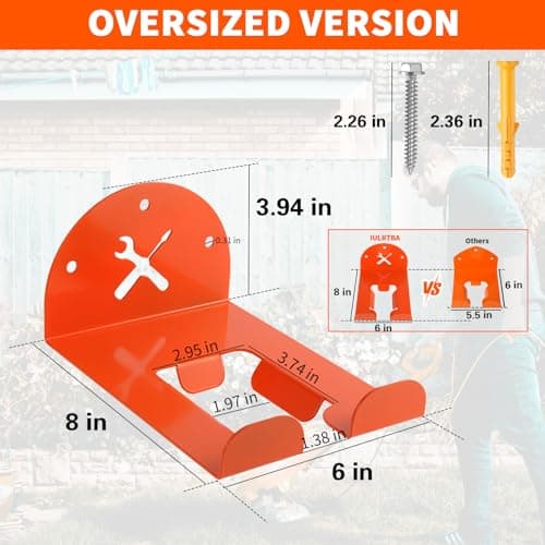 Upgraded Trimmer Rack Wall Mount - 8" Heavy Duty Weed Eater Hanger for Garage Wall, Garden Power Tool Holder Organizer Hooks for Grass Trimmer, Hedge Trimmer, Leaf Blower and Chainsaw, Orange, 3 Pack - Thumbnail 3