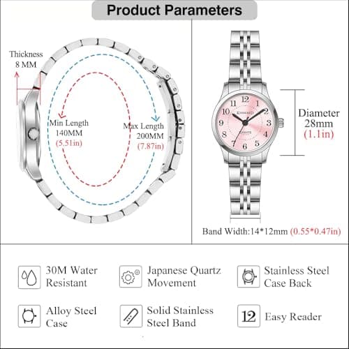 KNISKRED Easy Reader Watch for Women with Solid Stainless Steel Band Ladies Dress Watch Water Resistant (Silver Pink) - Thumbnail 6