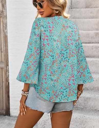 LOOKBOHO Boho Tops for Women Casual Dressy 3/4 Sleeve Bell Sleeve Tops Button V-Neck Business Shirts Green&Blue S - Thumbnail 3