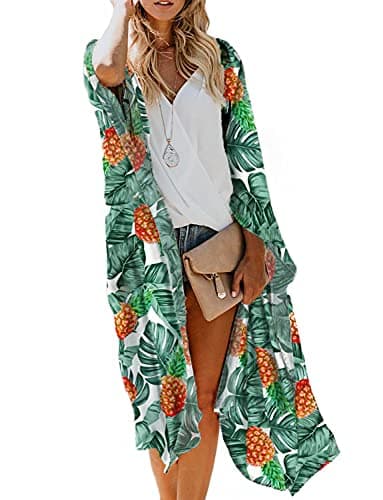 Women's Tropical Leaf Print Boho Beach Long Swimsuit Kimono Cover Ups Summer Chiffon Cardigans Dusters Hawaiian Pineapple Maternity Tops Sheer White Green Small - Image 1