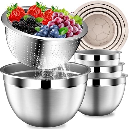 DUTZUN Stainles Steel Mixing Bowls with Lids Set, Stackable Metal Mixing Bowl with Strainer, 5-Piece - Beige - Image 1