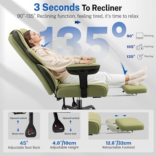 FelixKing Big and Tall Office Chair 500lbs - Ergonomic Desk Chair with Footrest, Scratch-Resistant PU Leather Computer Chair, 4D Lumbar Support Gaming Chair, Comfy Reclining Swivel Work Chair, Green - Thumbnail 4