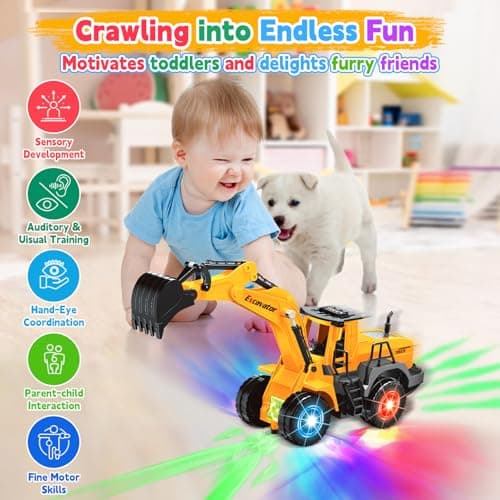 Car Toys for Toddlers, Excavator Toy with 2 Flashing Lights Music, Toy Trucks Construction Vehicle with 1 Moving Arm, Baby Toys for 3 4 5 6 Year Old Boys, Kids Valentine's Day Easter Birthday Gifts - Thumbnail 3