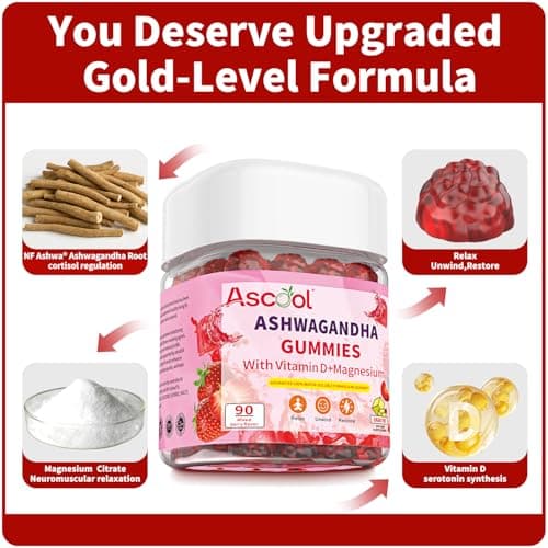 Ascool Ashwagandha Gummies for Stress Support & Relaxation with Magnesium + Vitamin D – 90 Count Sugar-Free, Vegan Ashwa Supplements - Thumbnail 5