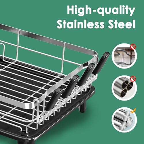 MOUKABAL Dish Drying Rack, Dish Rack, Stainless Steel Dish Racks for Kitchen Counter, Dish Drainer with Removable Utensil Holder, Drainboard (Black,Stainless Steel,13''W x 17''L) - Thumbnail 5