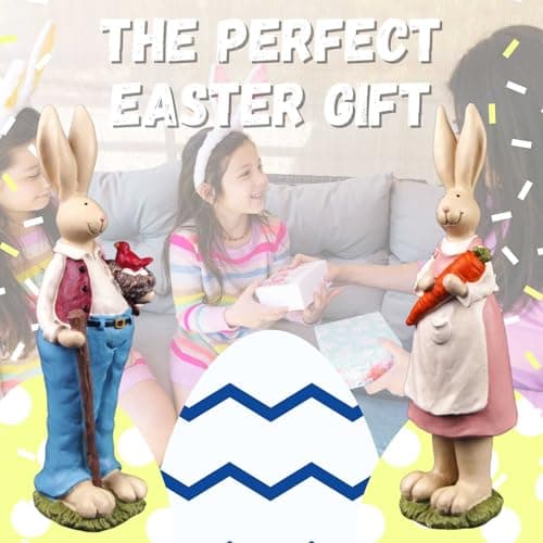 DurableDelights 9.06'' H Hand Painted Bunny Couple Statue Set - Resin Easter Bunny Decor, Spring Rabbit Figurines for Easter Centerpiece Table Decorations or Home Decor, for Family and Friends - Thumbnail 3