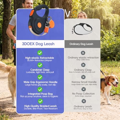 Retractable Dog Leash 10FT for Small & Medium Dogs, Sturdy Heavy-Duty Nylon Tape with Secure Locking Carabiner & Poop Bag Holder, Smooth One-Hand Control, Anti-Slip Handle, Tangle-Free Design (Black) - Thumbnail 3