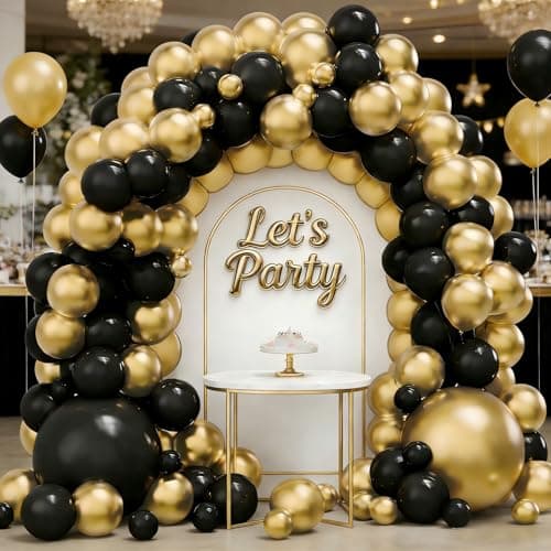 Black and Gold Balloon Garland Arch Kit, 160PCS Black Gold Latex Balloons for New Year Wedding Anniversary Birthday Party Decorations - Thumbnail 4