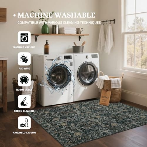 Luxcrest Green 2x10 Runner Rug: Vintage Floral Washable Rugs for Entryway Hallway Bedside Kitchen Indoor - Soft Non-Slip Stain Resistant Low Pile Carpet - Dark Green - Thumbnail 5