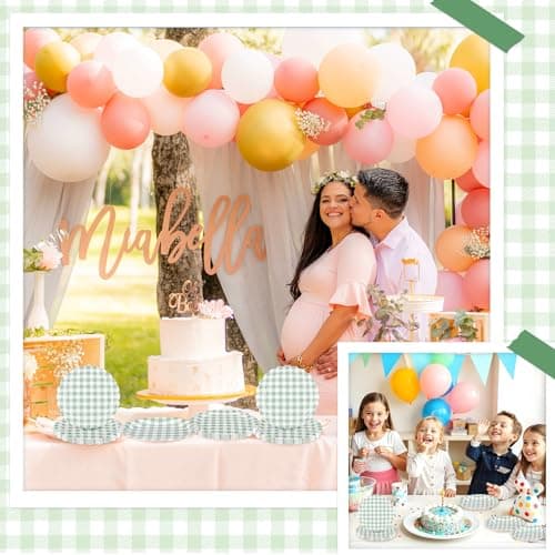 NatNarr 30 Pcs Sage Green Gingham Plates, 7 Inch Scalloped Camping Plaid Dessert Dinner Party Plates Green and White Gingham Party Supplies for Picnic, Baby & Bridal Shower, Wedding - Thumbnail 5