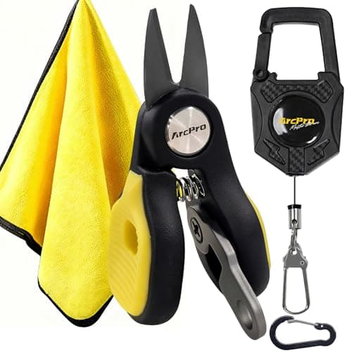 ARCPRO Titanium-Coated Fishing Line Cutter Saltwater Set, Fishing Scissors for Braided Line with Retractable Zinger & Thick Microfiber Towel, One-Hand Operation Anti-Rust Compact Braid Scissors