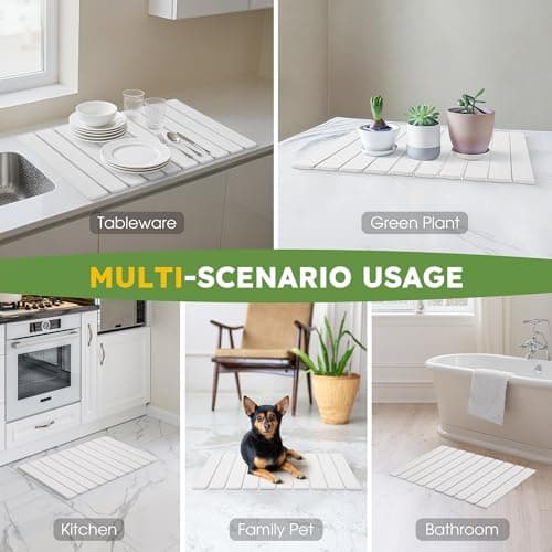 HABUTWAY Large Stone Dish Drying Mat for Kitchen Counter Quick Dry Collapsible Diatomaceous Earth Dish Drying Mats Water Absorbent Drying Mat for Dishes Bottles Cups Foldable (WHITE, 24"L×16"W) - Thumbnail 2