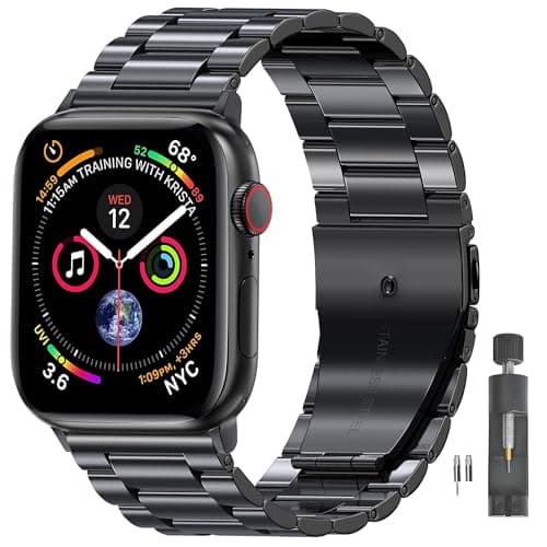 Pugo Top Stainless Steel Band for Apple Watch Ultra 3/2/1 (49mm) & Series 11 10 9-1 SE 3-1(46/45/44/42/41/40/38mm), Metal Strap for Men with Breathable No-Hair-Pinching Links, Heavy Duty iWatch Bracelet with Removal Tool - Image 1