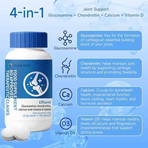 9 YOUNG-BASIC Glucosamine Chondroitin with Calcium + Vitamin D3, 4 in 1 Health Supplement for Joint Repair, Nourishment, strengthening and Reinforcement, Sugar Free Vegan, 90 Tablets Orally - Thumbnail 2