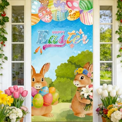 Lednica Easter Bunny Door Decoration, Happy Easter Door Cover with Eggs Lily, Spring Banner Welcome Decoration Porch Sign for Home Classroom Decor & Party Supplies, 71x35 Inch - Image 1