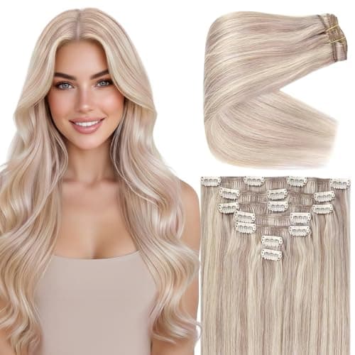 Ve Sunny Human Hair Clip in Extensions Blonde Highlight Bleach Blonde Real Human Hair Extensions Clip ins for Thick Hair 105g 7pcs 14 Inch - Image 1