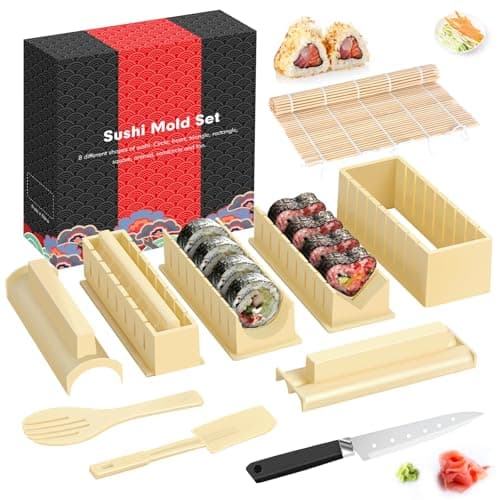 HI NINGER Sushi Making Kit Deluxe Edition Heart Sushi Mold Press with 8 Sushi Rice Roll Mold Shapes 1 Fork 1 Spatula 1 Sushi Knife, Complete Sushi Maker Kit 12PCS DIY Home Sushi Tool - Image 1