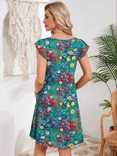 DEARCASE Womens Summer T-Shirt Dresses V Neck Elegant Classy Ruffle Sleeve A-line Tunic Dress 2026 with Pockets Floral Rapeseed Petals Small - Thumbnail 2