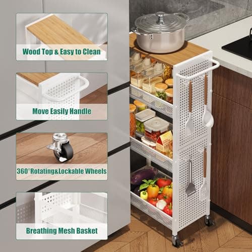 KITREPAION 4-Tier Slim Storage Cart with Wheels,Small Mobile Organizer Shelf with Wooden Top & Metal Handle for Kitchen, Laundry Room, Bathroom, Office (White, 9.1 inch) - Thumbnail 3