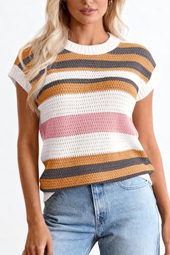 dowerme Womens Spring Tank Tops 2026 Cute Cap Sleeve Crewneck Color Block Crochet Sweater Vest Striped Summer Outfits(Striped Pink White,X-Large) - Thumbnail 3