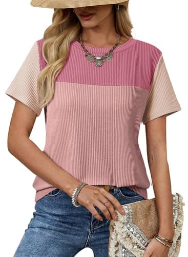 Dokotoo Oversized t Shirts for Women y2k Color Block Cute Tee Top Spring Summer Business Casual Tops and Blouses Vacation Outfits for Women Pink XX-Large - Image 1