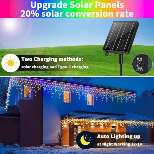 Solar Powered Icicle Lights Outdoor Christmas - 660LED 66+16FT Icicle String Lights with Remote, 8 Modes, Timer,IP65 Waterproof Rechargeable Battery for Porch, Roof, Xmas (Multicolor+Warm White) - Thumbnail 3