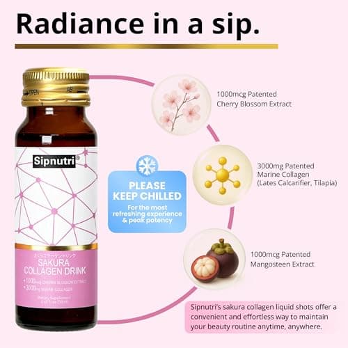 Sipnutri Sakura Collagen Drink - 3000mg Marine Peptides Liquid Shot for Women and Men, Hydrolyzed with Cherry Blossom & Mangosteen Extract, Supports Skin Hydration, Hair & Nail Health –1.69 fl oz x30 - Thumbnail 3
