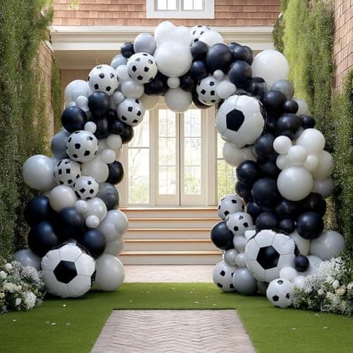 Soccer Balloon Garland Arch Kit, 18 12 10 5 Inch Black White Football Print Balloons Arch Kit with 4D Football Foil Balloons for Soccer Sports Theme Birthday Party Decorations - Image 1