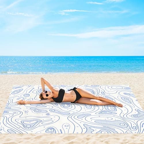 SkyNature Beach Blanket Sandproof, 78''×86'' Large Waterproof Sand Free Beach Mat for 4 Adults, Big Compact Foldable White Beach Essential with 4 Stakes & 4 Corner Pockets for Picnic, Camping, Travel - Thumbnail 2