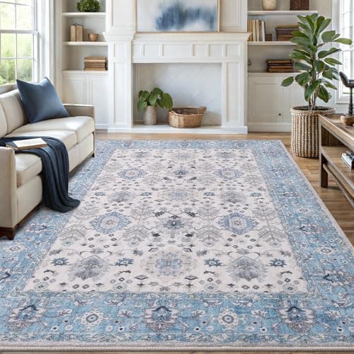 Vanmoos 9x12 Area Rugs for Living Room, Bedroom - Machine Washable, Non-Slip Bedside Rug, Large Soft Floor Carpet for Office, Dining Room, Farmhouse and Home Decor, Cozy Elegance/Blue - Image 1