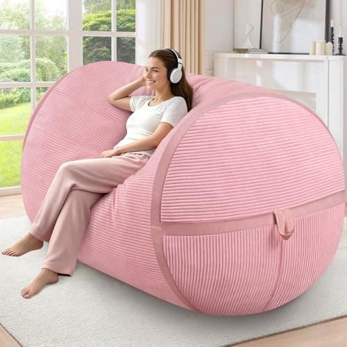 HABUTWAY Bean Bag Chair, 5FT Giant Bean Bag Chair with Memory Foam, Ultra-Soft Corduroy Cover & Zipper Design, Portable Handle – Comfy Bean Bag Sofa for Living Room, Bedroom, No Assembly - Pink
