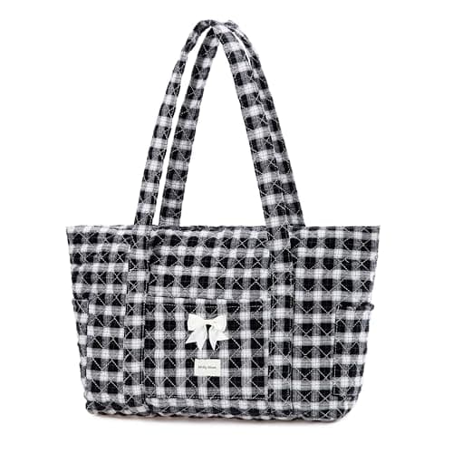 Molly Moon Tote Bag for Women, Quilted Plaid Tote Bag with Zipper, Quilted Cotton Shoulder Bag for Women, Lightweight Black Plaid bag for College, Travel, Daily, Women's Gifts for Sister Teachers - Image 1