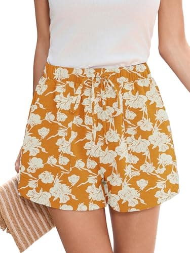 Heymoments Wide Leg Shorts Women Lightweight White Flower Yellow Medium High Waisted Flowy Dressy Loose Fit Summer Ladies Cute Beach Trousers with Pockets - Image 1