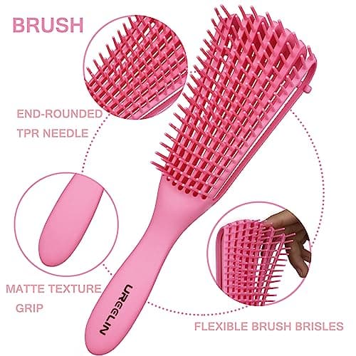 UREELIN Detangler Brush Set for 3a,4c,Wig/Thick/Wavy/Curly/Wet Slick Back Hair Brushes,Rat Tail Combs,8-Row,Edge Brush,For braiding,teasing,parting,styling,kids,girls,women(Pink) - Thumbnail 2