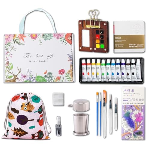 Mini Wooden Watercolor Paint Set - Pocket Travel Art Kit with 12 Colors, Portable Palette with Brushes, Clip, Sketchbook, Wristband, Cup, Storage Bag & Bookmarks, Gift for Art Lovers Artists - Image 1