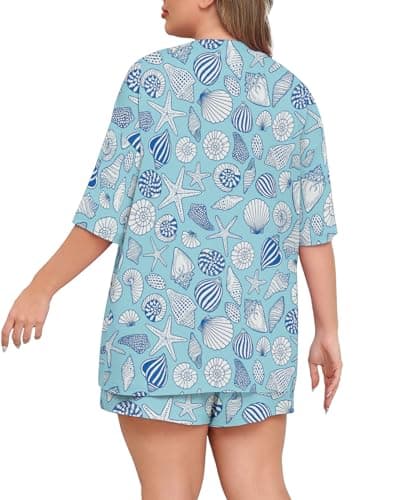 Lastshe Pajamas Set Women's Plus Size 2 Piece Soft Short Sleeve with Pockets Shorts Sleepwear Knit Pjs Loungewear Summer,Light Blue Shells,2X - Thumbnail 5