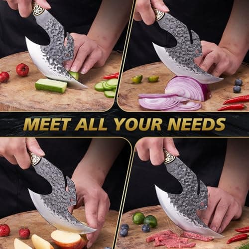 Hand Forged Viking Knife Axe, 6.2" Meat Cleaver with Sheath, Red Sandalwood & Copper Handle Boning Knife for Meat Cutting, High Carbon Steel Butcher Knife Home Outdoor BBQ Camping Gifts for Men Dad - Thumbnail 4