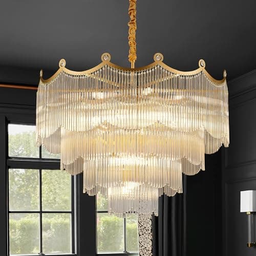 brfaixla 31.8" Large Modern Glass Gold Chandelier Light Fixture Luxury Glam 4-Tier Crystal Chandeliers for Dining Room 18-Light Round Hanging Ceiling Pendant Lighting for Living Room Bedroom Foyer