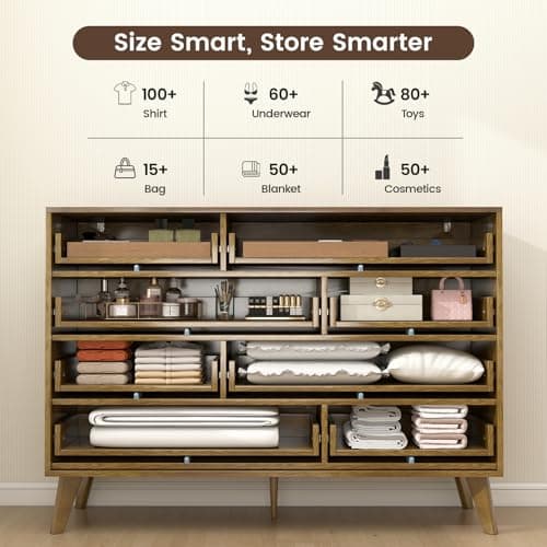 Hadulcet Wood Dressers for Bedroom 47” Wide, Large 8 Drawer Dresser TV Stand, Modern Chest of Drawers Closet Clothes Storage Organizer with Fluted Panel, No Handles Design, Dark Wood - Thumbnail 5