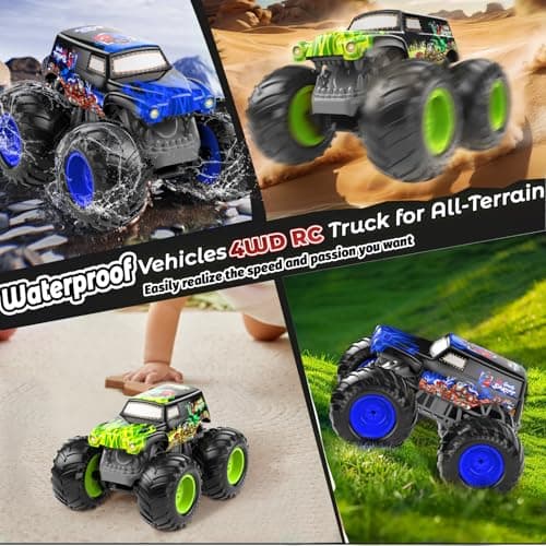 LAZZAROU 1:14 Waterproof Remote Control Car, Front & Rear Wheelie Monster Truck, Amphibious RC Truck with 2 Sets of Rechargeable Batteries and AAA Batteries, 4WD Off-Road Vehicle for Kids Ages 6-12 - Thumbnail 4