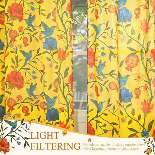 JOOJA Bird Floral Linen Bedroom Curtains 2 Panels 84 Inches Mustard Yellow Printed Window Patterned Colorful Kitchen Sheer Curtains for Bedroom Living Room Semi Blackout - Thumbnail 2