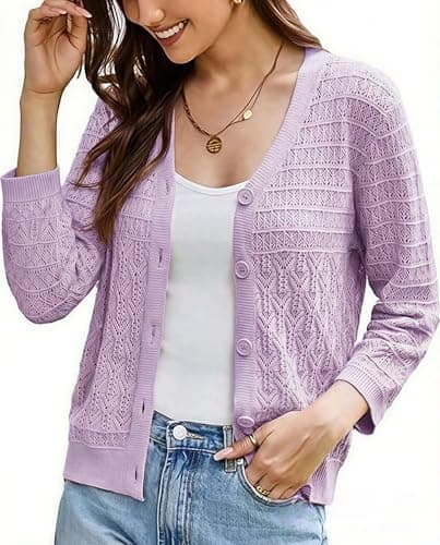GRACE KARIN Women's Cropped Cardigan 3/4 Sleeve Lightweight Crochet Shrug Hollowed-Out Knit Sweater Tops Lavender S - Image 1