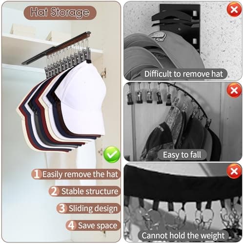 SNOWSTAR Hat Hanger for Closet, 2 Pack Sliding Hat Rack for Baseball Caps, Baseball Hat Organizer Holder with 24 Large Clips, Ball Cap Organizer Wall Space Saving Design - Thumbnail 4