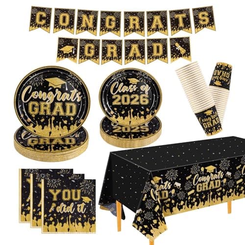 NatNarr Graduation Decorations 2026, Black Gold Graduation Party Supplies Include Class Of 2026 Grad Plates Napkins Cups Tablecloth Congrats Grad Banner for Middle College High School, Serve 25 Guest - Image 1