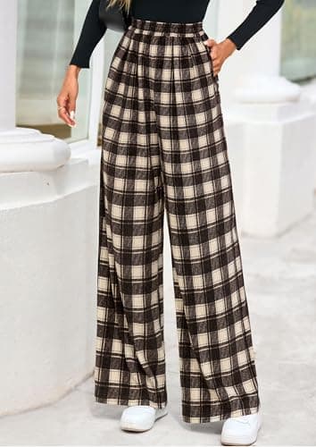 PRETTYGARDEN Casual Women's Pants 2026 Elastic Waist Palazzo Long Pajama Wide Leg Trousers Knit Fall Outfits with Pockets (Plaid Brown,Medium) - Thumbnail 5