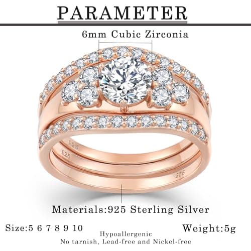 Vinoya 925 Sterling Silver Wedding Rings for Women Cubic Zirconia Rose Gold Plated Rings Three-in-One Engagement Promise Eternity Bands for Bridal Stackable Ring Size 7 - Thumbnail 6