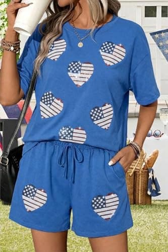 MYHALF 4th of July Sets for Women Sequin Star Graphic Shirt and Shorts Patriotic Outfits 2 Piece Short Sleeve Lounge Set - Thumbnail 2